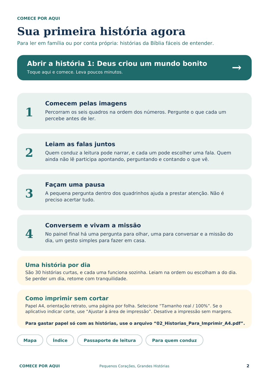 Página Sua primeira história agora, com 4 passos para começar